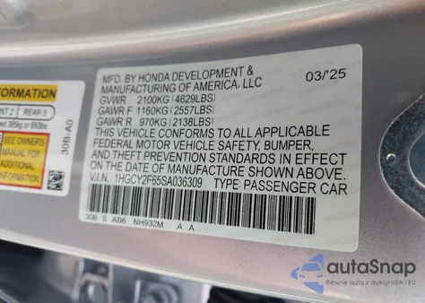 2025 Honda Accord Hybrid Ex-L from USA, damaged, VIN 1HGCY2F65SA036309